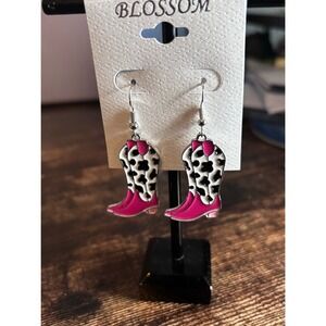 Blossom Pink Cowgirl Boot Enamel Dangle Earrings Cow Print Western Silver Tone